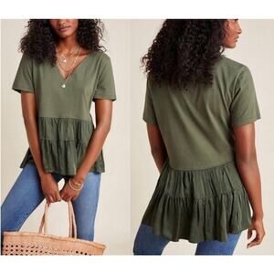 Maeve Anthropologie Olive Green Tiered Peplum Top V-Neck Cotton L